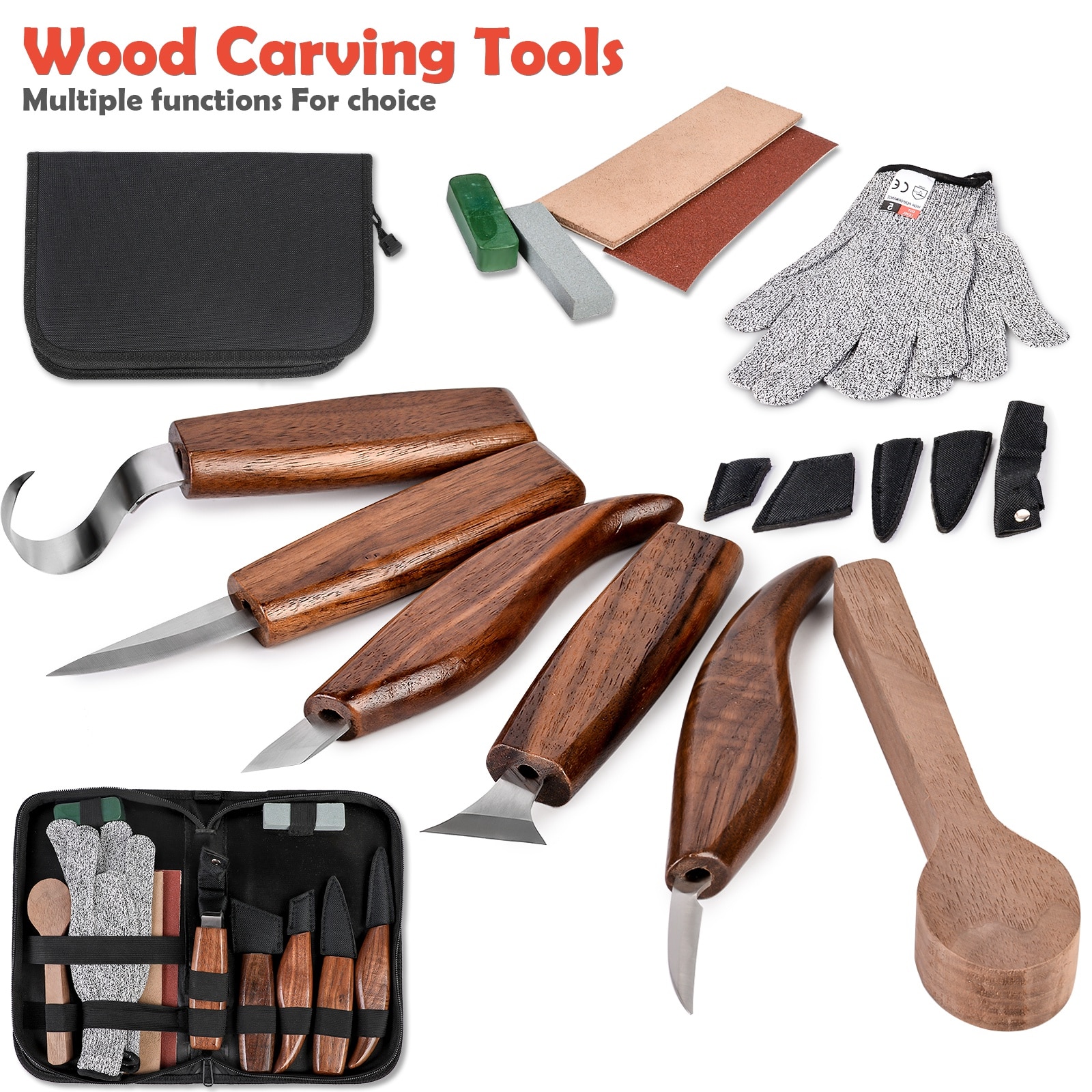 Wood Carving Tools Set Hook Carving Knife Kit for Beginners Detail Wood Knife Whittling Resistant Gloves Leather Sheath