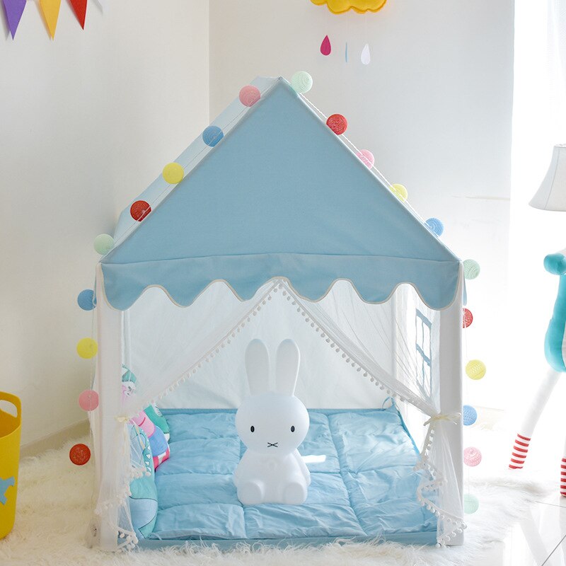 Children Playhouse Kid Teepee House Home Princess Girl Indoor Baby Castle Large Play House Large Wooden Grey Pink White: Blue-Canvas