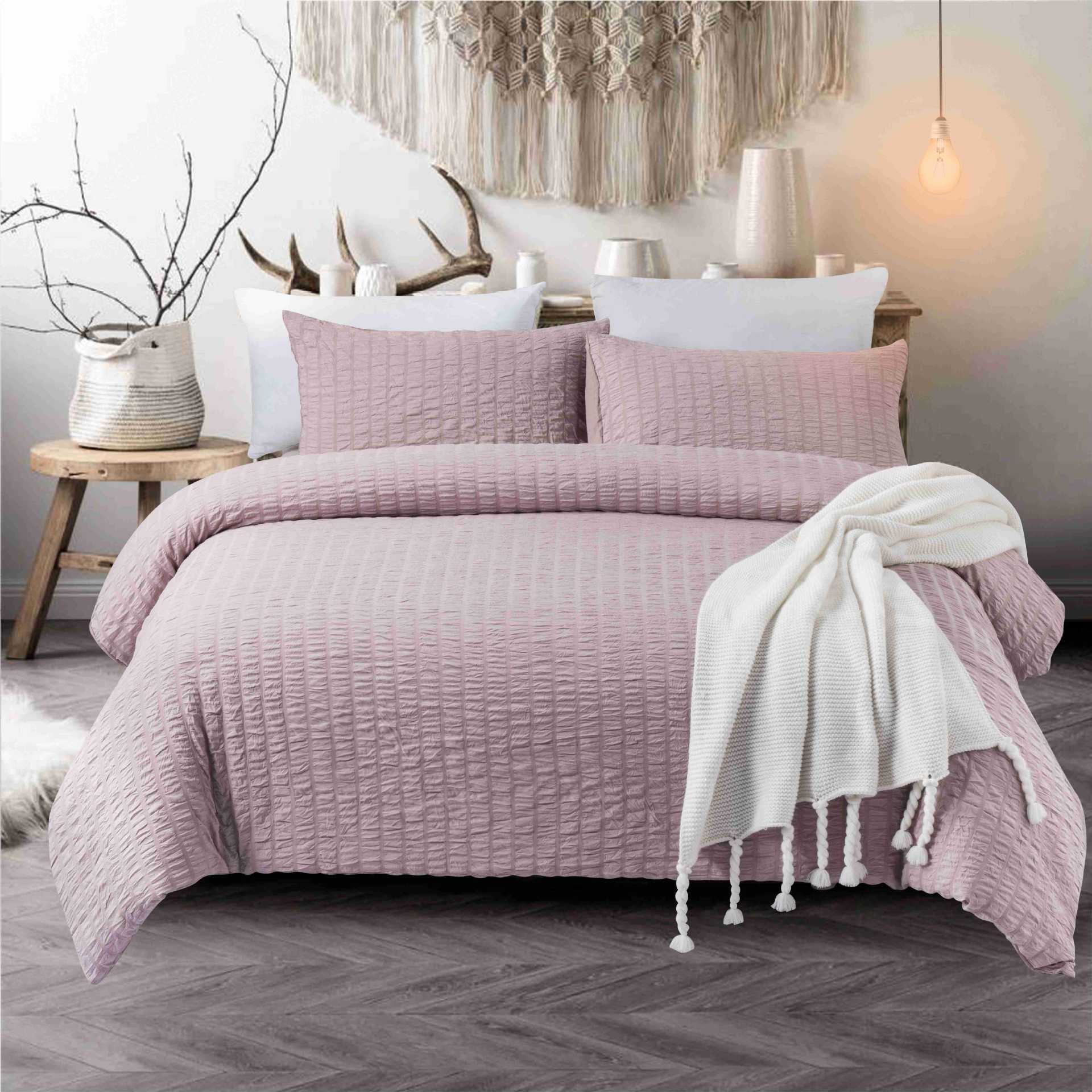 3 st/set påslakan set enfärgad seersucker dubbel queen king sommar påslakan med örngott bekvämt hem överkast: Rosa / Us king 3 st