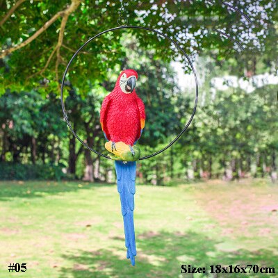 Hand Painted Red Yellow Blue Resin Parrot On Iron Circle Frame Garden Decor Hanging Ornament