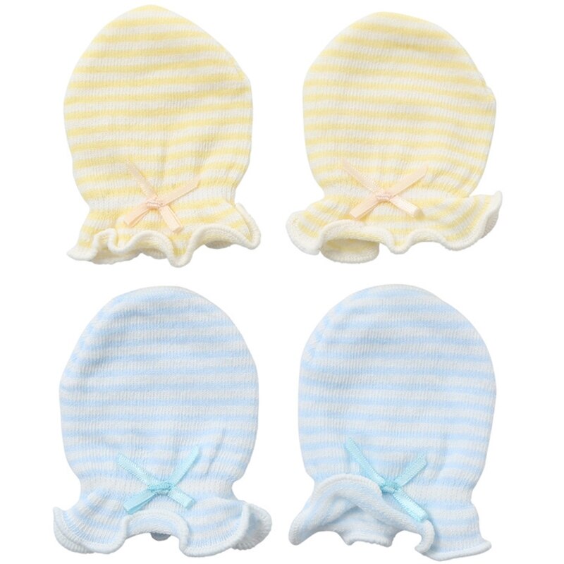 2 Pairs Leuke Gestreepte Baby Anti Krassen Handschoenen Pasgeboren Baby Katoenen Handschoenen Gezicht Bescherming Baby Wanten Anti-Grijpen Mitten