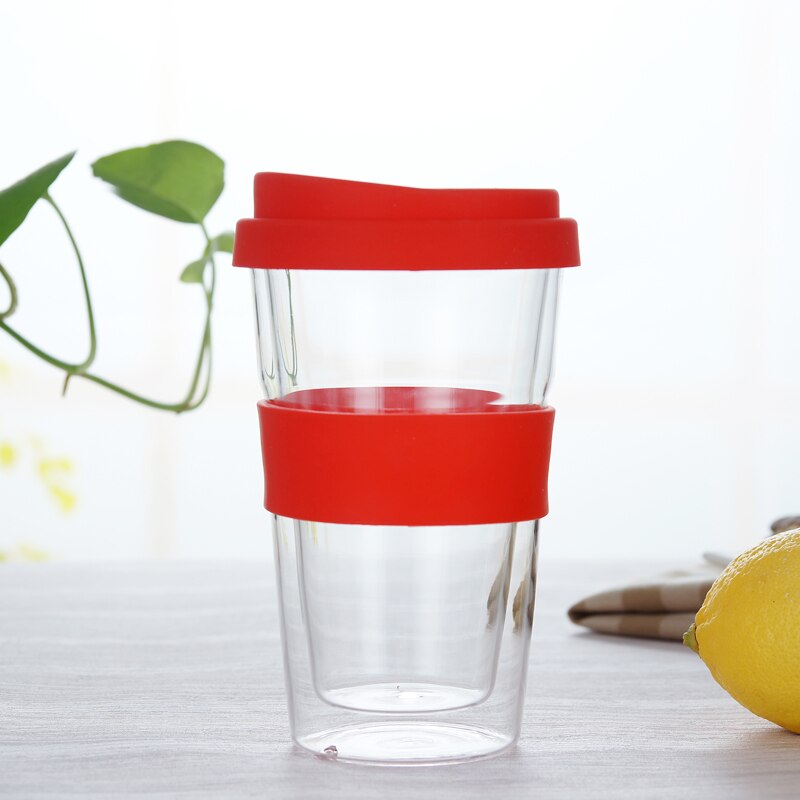 400ml genomskinliga kaffekoppar med silikonöverdrag tjockt dubbelglas resekaffemugg resemugg med lock modern: Röd