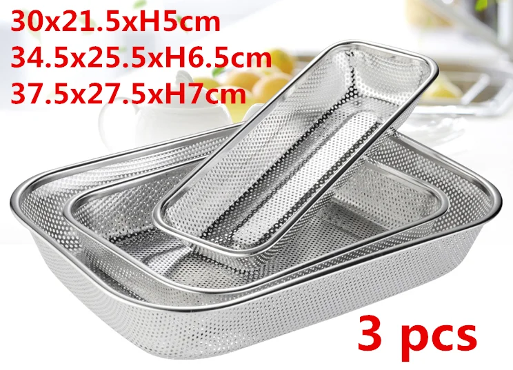 Plateau en acier inoxydable 304, plaque de fuite avec trou, passoire à mailles, lavage des légumes, séchage du bassin, trou de filtre, couvercle de bassin: 30 34 37 cm together