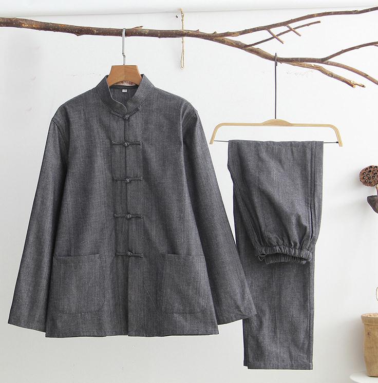 Mannen Effen Kung Fu Pak Chinese Traditionele Mannelijke 100% Katoen Losse Tai Chi Sets Jas + Lange Broek 2pc: smoky gray