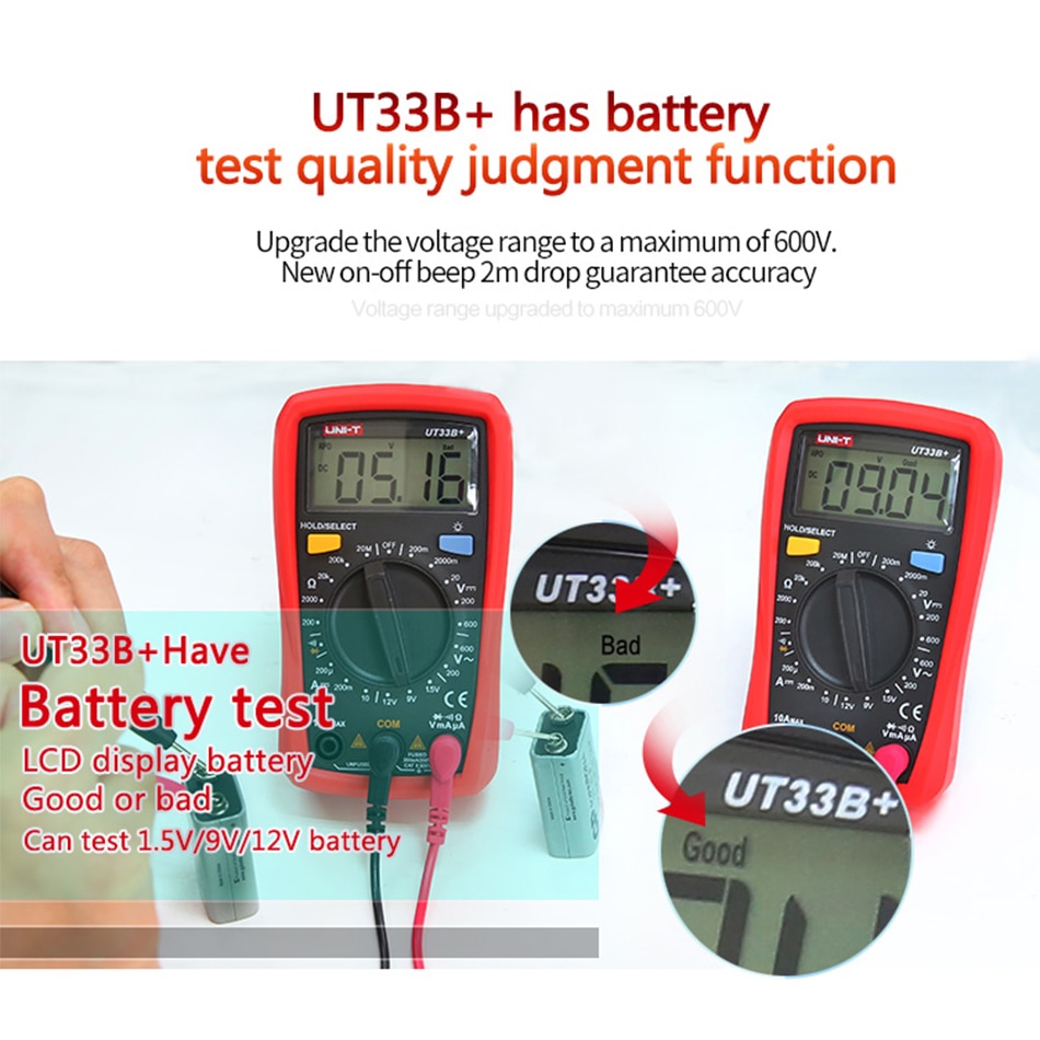 Uni-t  ut33a+  auto rækkevidde digitalt multimeter lcd ac dc  +2mf kapacitans ncv spænding strøm modstand måling tester