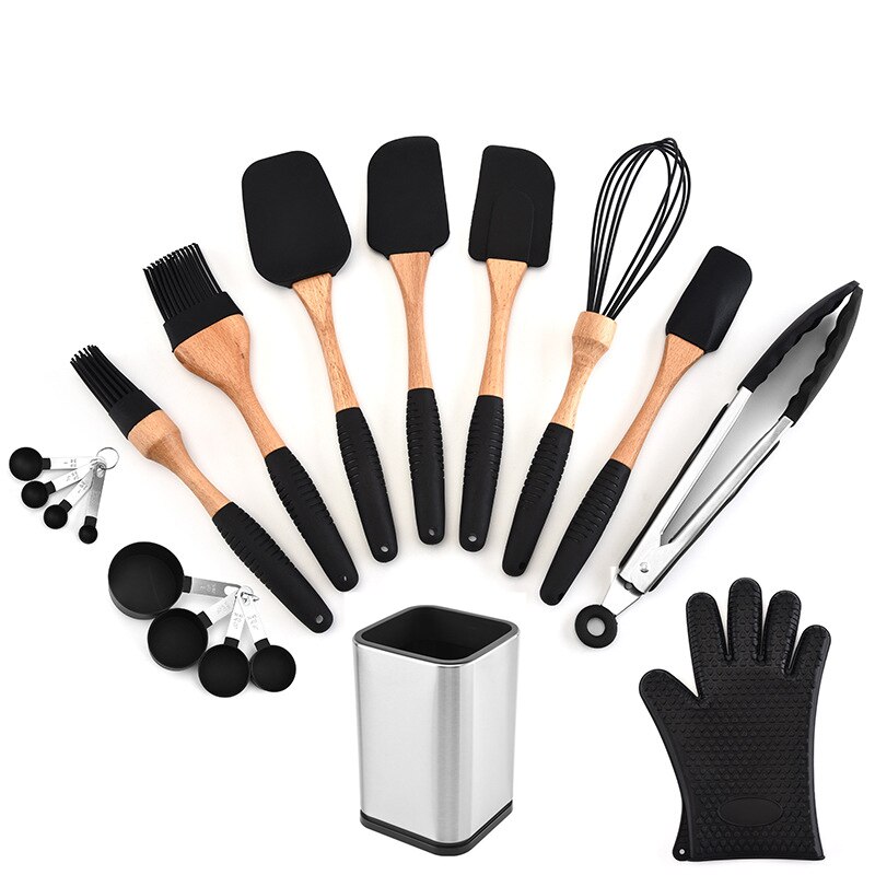 Silicone Cooking Tools Set Wood Turner Soup Spoon Spatula Brush Scraper Pasta Server Gloves Egg Beater Kitchen Utensils Kit Set: 12PCs