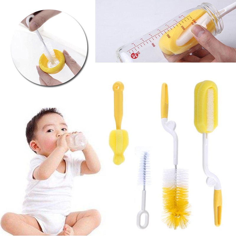 4pz spazzola per biberon bottiglia di lavaggio bottiglia spazzola per capezzoli strumento spugna 360 gradi testa rotante pulizia tazza spazzola kit strumento di pulizia