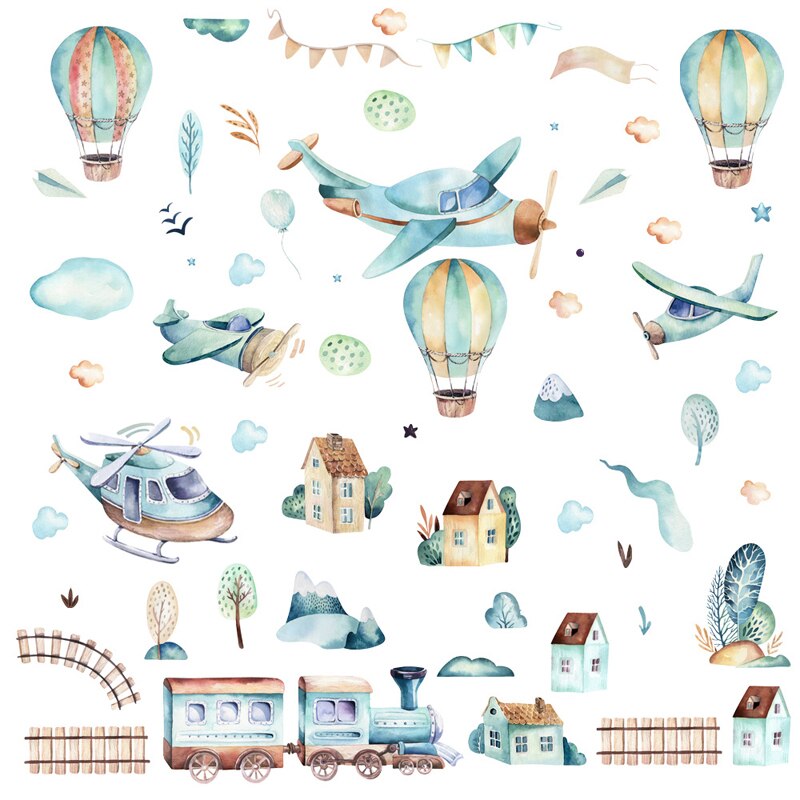 Handgeschilderde Luchtballon Trein Muursticker Voor Kinderkamer Kinderkamer Decoratie Diy Art Waterdicht Sticker home Decor