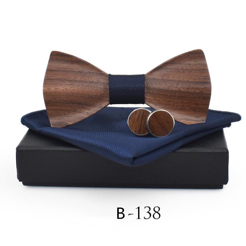 RBOCOTT pajarita de madera hecha a mano juego de gemelos y pañuelo pajarita 3D para hombres bolsillo de madera cuadrado con caja de para la boda de los hombres: B138
