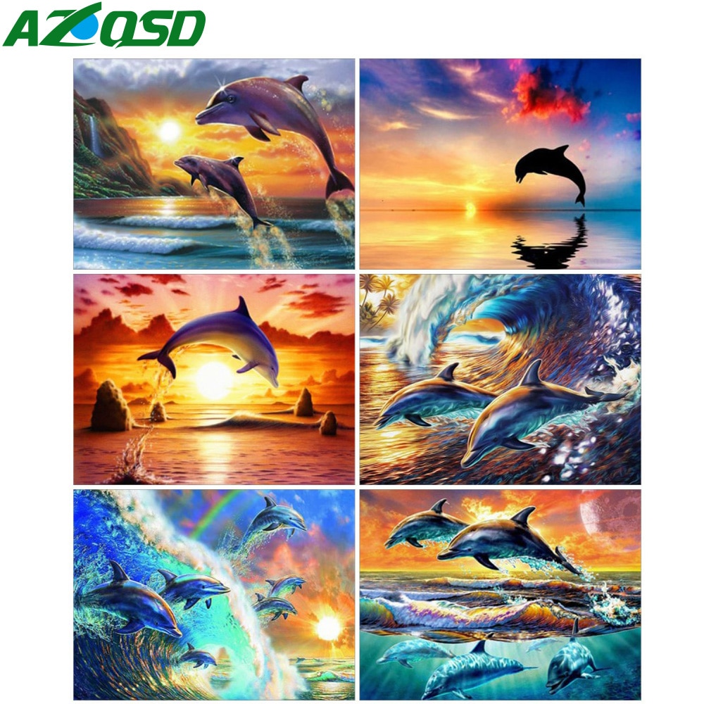 AZQSD Draw By Number On Canvas Dolphin Sunset DIY Pictures Oil Painting By Numbers Animal Home Decor HandPainted