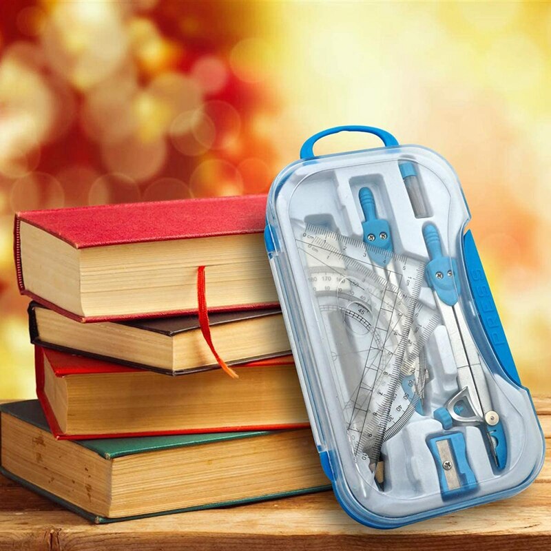 Geometry Compass Set 10Pcs School Maths Protractor Set Rulers for Student Maths and Engineering in Carry Case