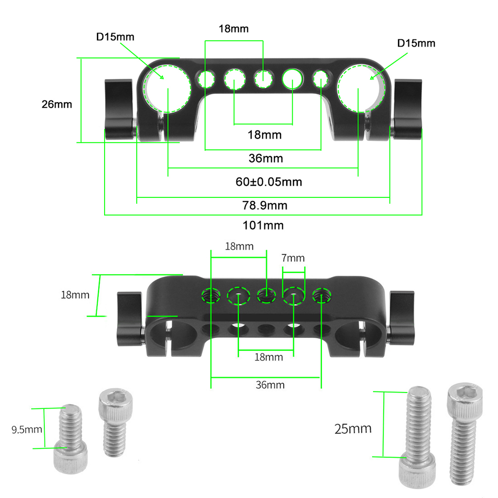 15mm Rail Dual Rod Clamp Mount 1/4 "-20 Draad Knop Schroef voor DSLR Camera Rig Kooi Grondplaat Lens Ondersteuning Fotografie Systeem Kit: Oranje