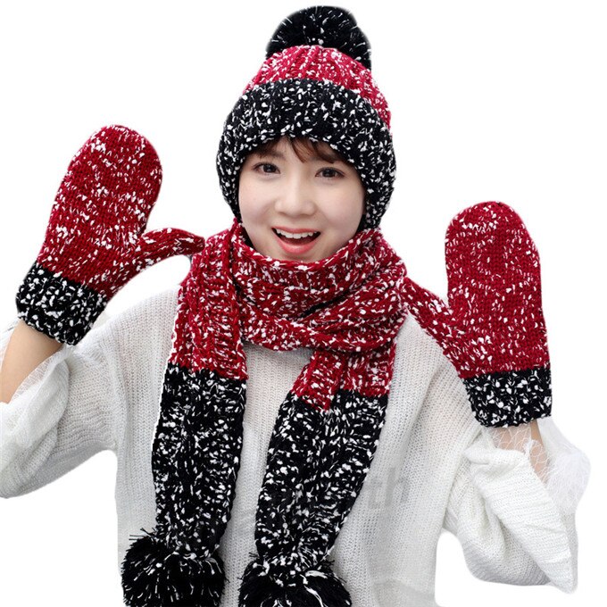 Conjunto de 3 piezas de gorros, bufandas y guantes de invierno para mujer, accesorios de invierno de punto grueso para niña, conjuntos de gorros, bufandas y guantes para mujer.: Vino tinto 3 piezas