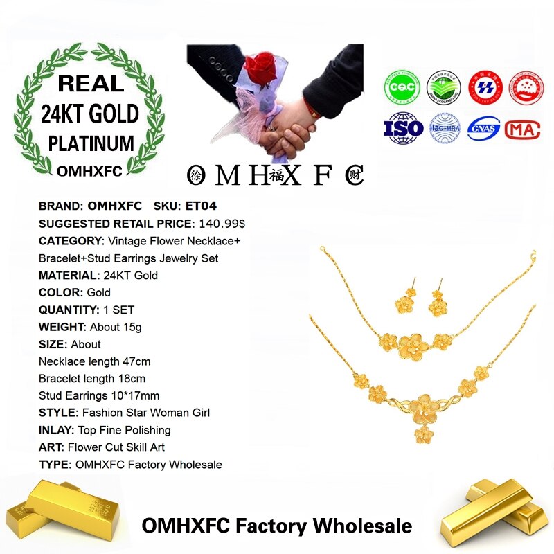 OMHXFC Europese Mode Vrouw Huwelijkscadeau Vintage Bloem 24KT Gouden Ketting + Armband + Oorbellen Sieraden Set ET04