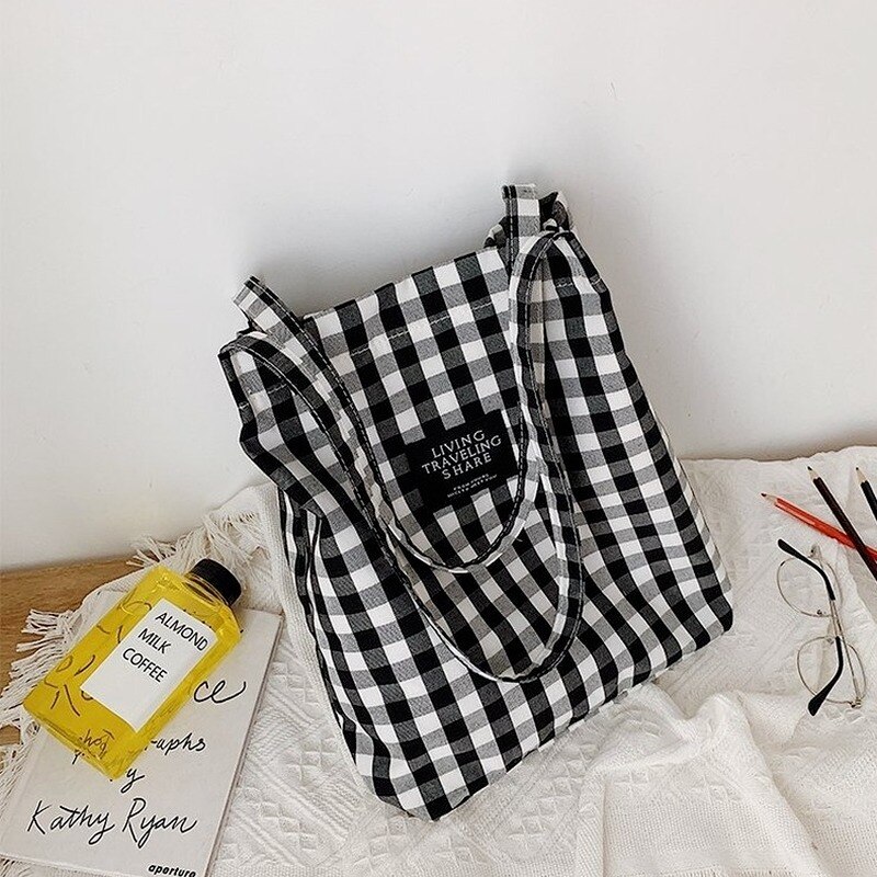 Mode Duurzaam Vrouwen Student Katoen Linnen Enkele Schoudertas Shopping Tote Check Plaid Vrouwelijke Vlas Canvas Boodschappentassen
