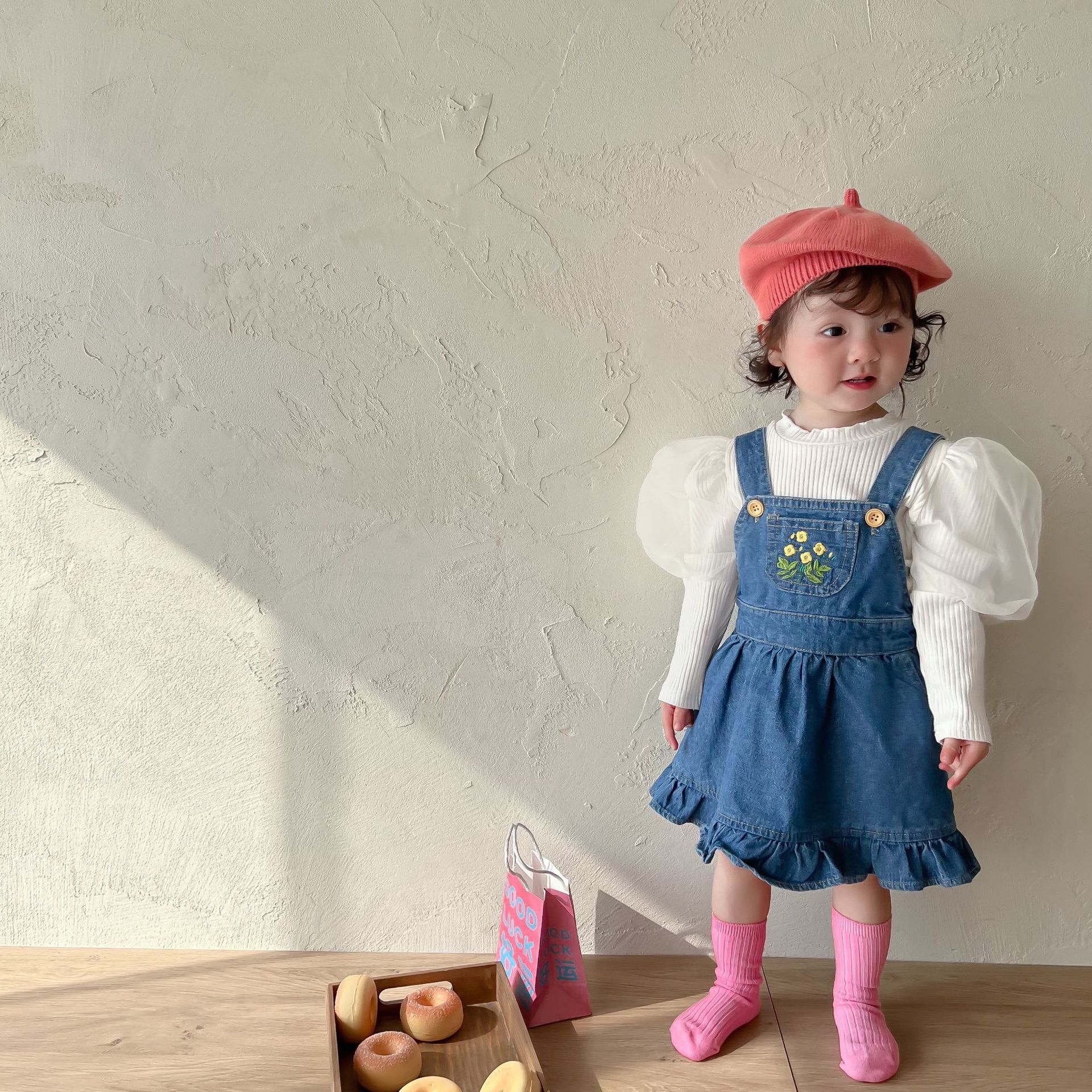 1533C abiti da ragazza abito con cinturino in Denim o camicia a fondo bianco primavera autunno 2022 abiti dolci da ragazza top con maniche a bolle