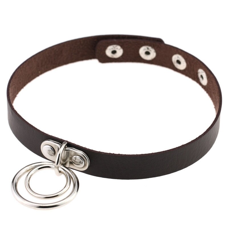 Popular Choker Collar Necklace Double Ring O Leather Gothic Bracelet Women: dark coffee