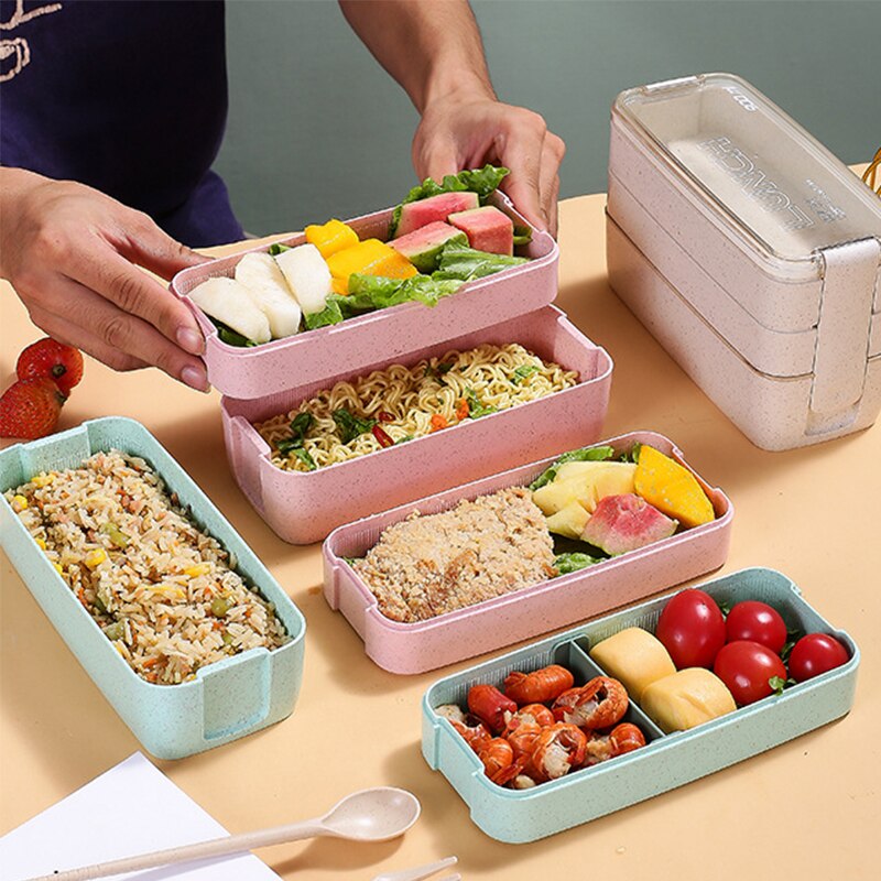 3 Lagen Lunchbox 900Ml Draagbare Tarwe Stro Bento Boxs Magnetron Dinnerwaer Foos Opslag School Kantoor Voedsel Container