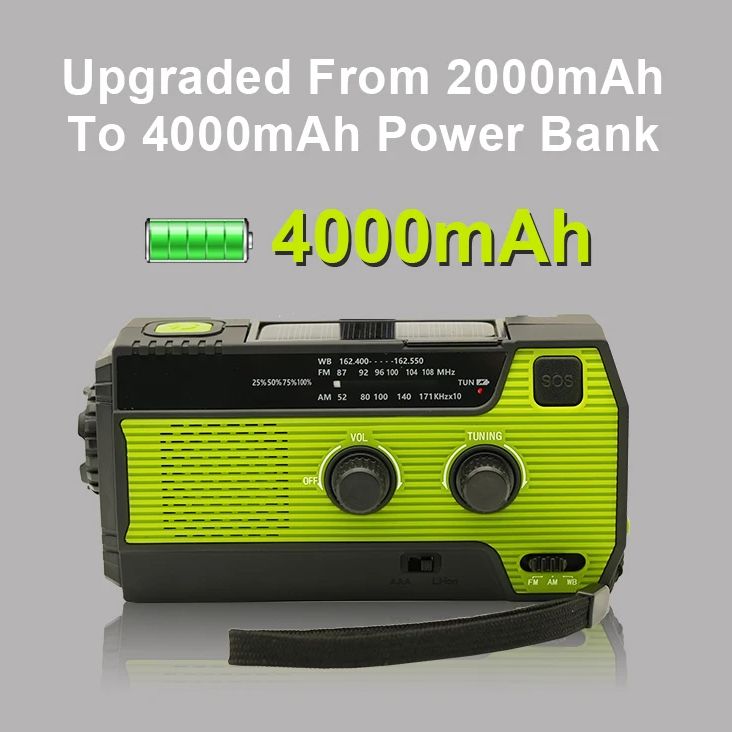 Radio fm portátil, manivela Solar, USB, carga de teléfono, Banco de energía, Radio meteorológica, alarma SOS de emergencia, linterna LED