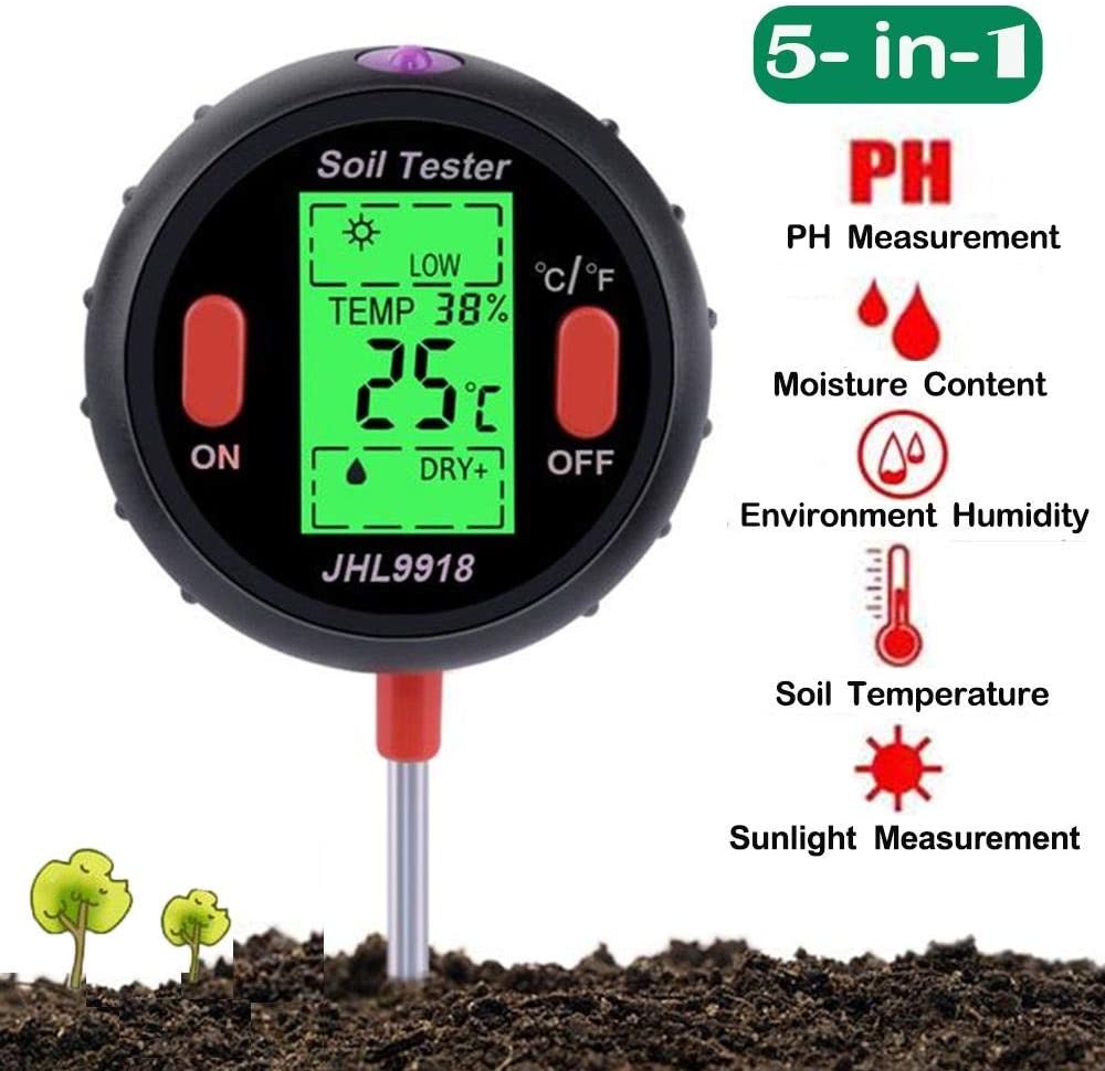 PH Soil Tester Soil Moisture Meter Monitor Sunlight Temp Testers Acidity Alkali Test Tool Garden Plant Thermometer Hygrometer: 5 in 1 tester
