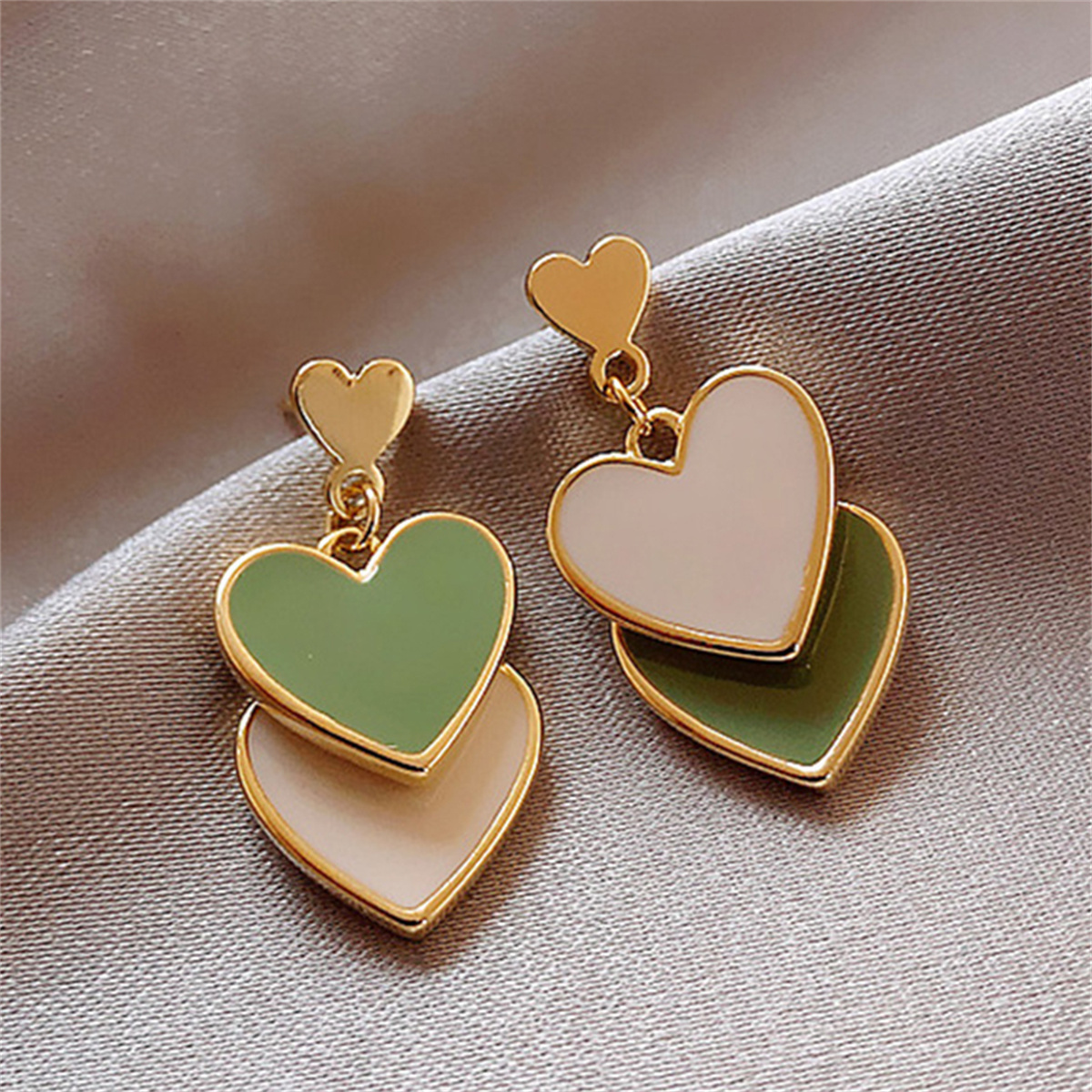 Boucles d'oreilles coréennes à Double cœur pour femmes, doux, blanc, vert, asymétriques, amour, déclaration, bijoux de fête pour filles,: Bronze