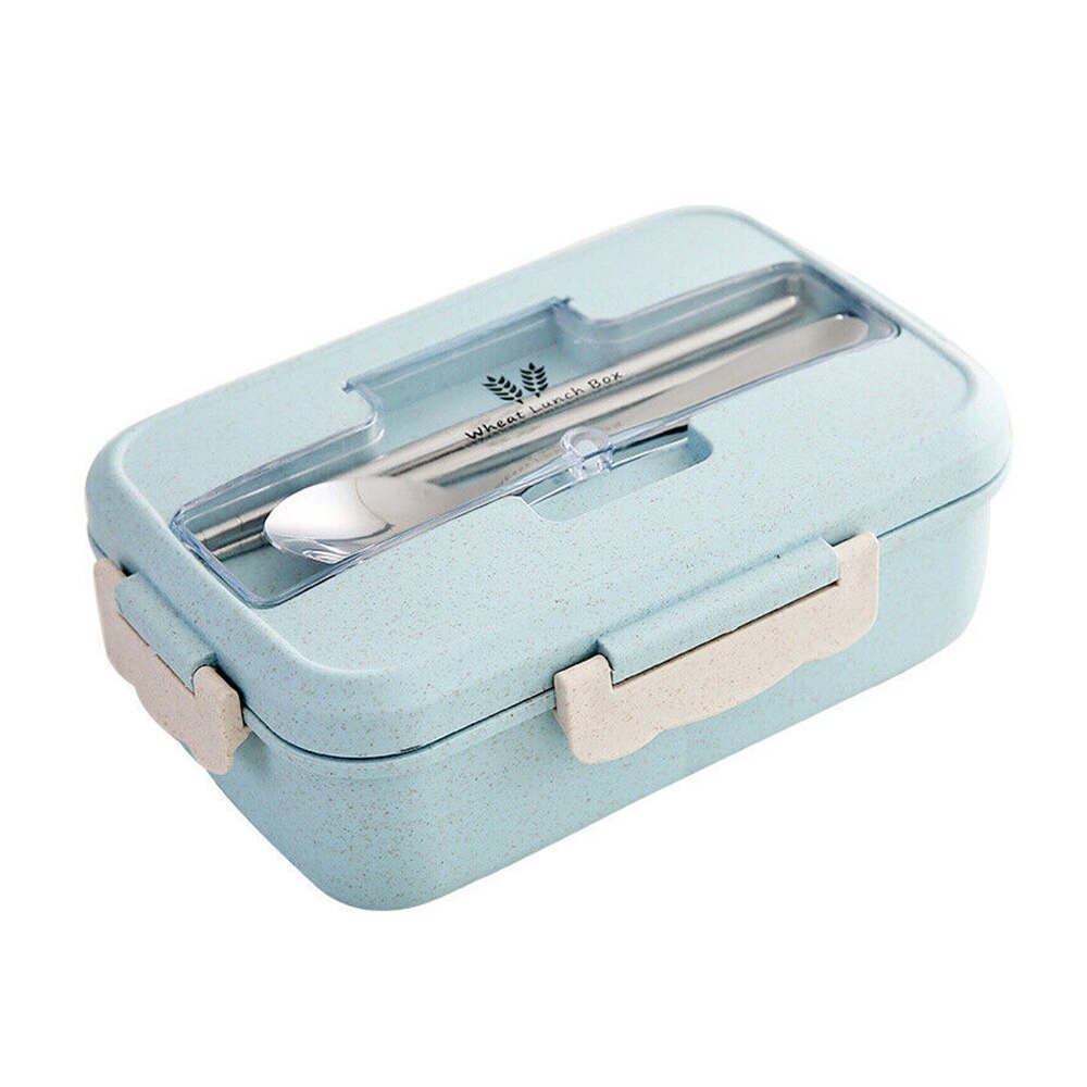 Jushfo Tarwe Stro Magnetron Lunchbox Servies Met Lepel Eetstokjes Voedsel Opslag Container Kids School Office Bento Box: Blauw