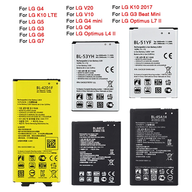 OHD Original Phone Battery For LG G3 G4 G5 G6 G7 V20 K10 LTE BL-53YH BL-51YF BL-42D1F BL-45A1H BL-44E1F BL-T32 BL-T39