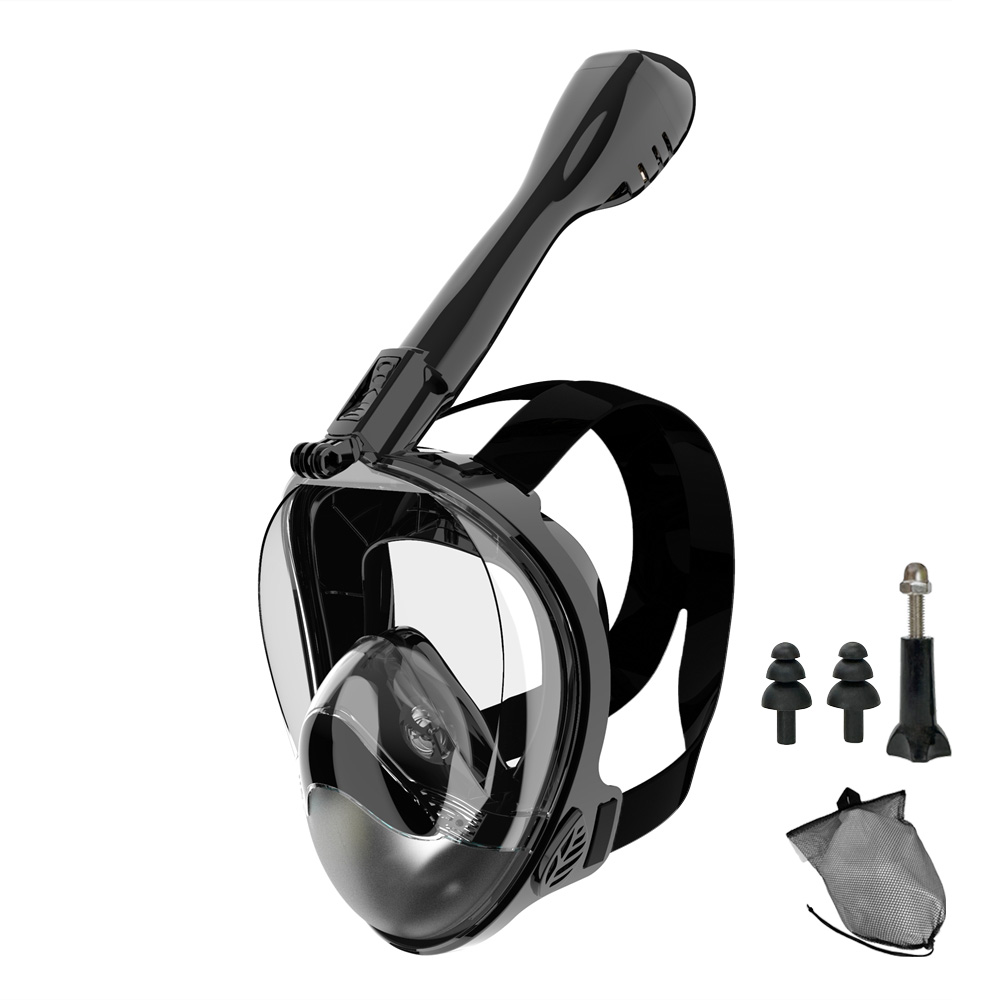 Helmask med snorkel, dykmask för vuxna och ungdomar, läckagefri, imfri, 180 ° panoramavy med kamerafäste, säker andning: Svart / S / m