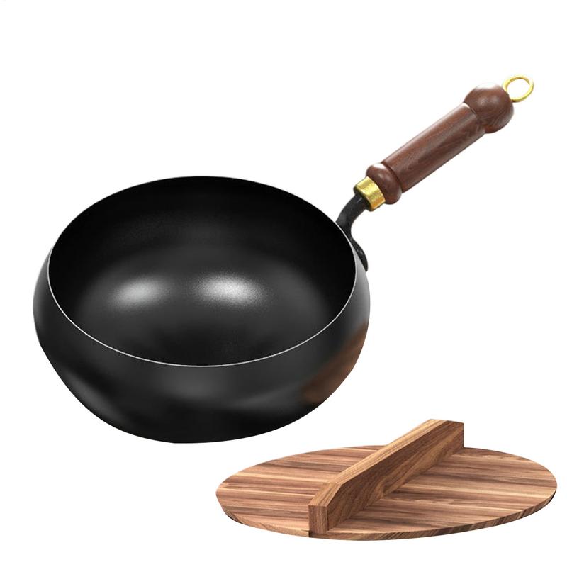 Chinese Flat Bottom frying pan Big Belly Non-stick Pan Without Coating Deep Iron Pot with Wooden pot lid 24cm Diameter Stir-Fry