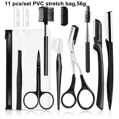 Tijeras negras para recortar cejas, pinzas de acero inoxidable, peine para raspar cejas, maquinilla de afeitar, Clip para cejas, juegos de herramientas de maquillaje: 11 pcs  as shown
