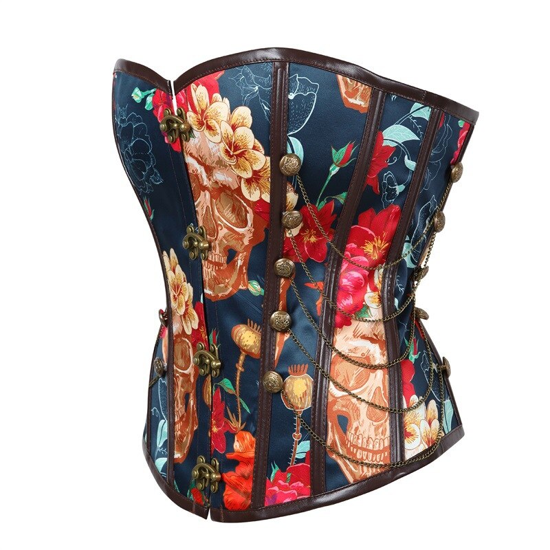 Floral Gothic Women Corset With Chains Slimming Waist Trainer Flower Print Overbust Shapewear Corselet Bustier Lady Shapers