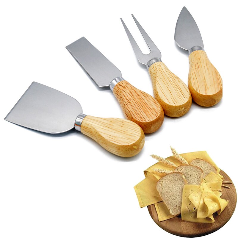 4pcs/set Stainless Steel Cheese Knife Set With Wood Handle Cheese Cutter Slicer Knife Kit Fuctional Kitchen Cooking Toos