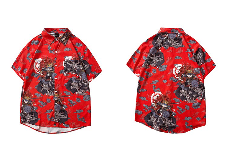 LENSTID Men Hip Hop Cat Samuri Printed Hawaiian Shirt Harajuku Streetwear Beach Shirt Summer Short Sleeve Thin Aloha Shirts: Red / Asian XXL