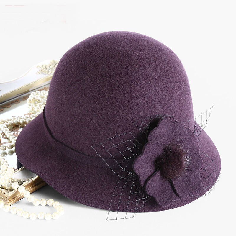 Woman Autumn And Winter Party Formal Woolen Bucket Hat Lady Grace Flower Pure Wool Felt Hats