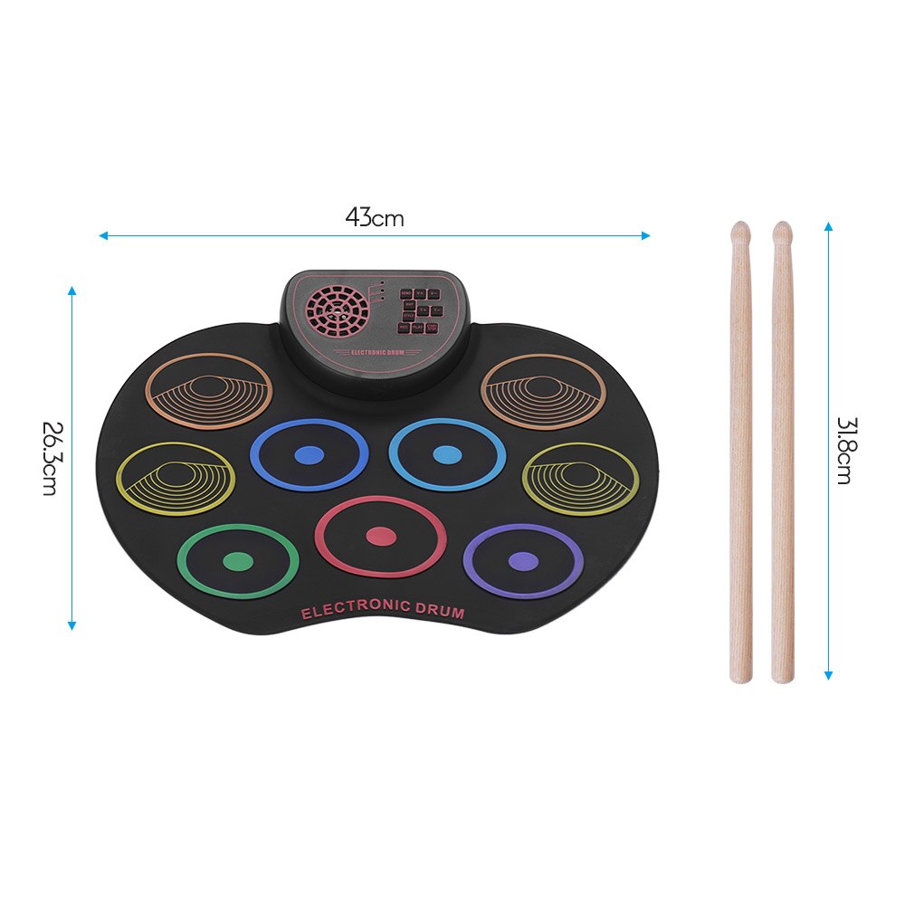 Portable Electronic Drum Set USB Roll Up Drum Pad Kit 9 Drumpads with Sticks and Foot Pedals Digital Percussion Instruments