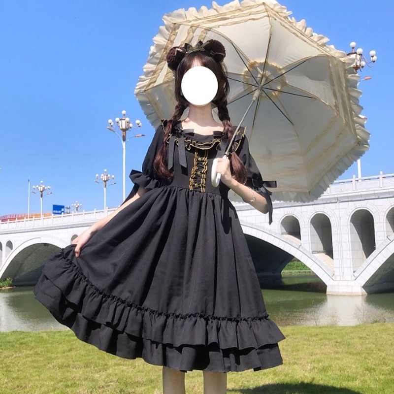 Kawaii lolita klær viktoriansk gotisk kvinner kortermet svart lolita kjole japansk søt stil goth halloween lolita  bl4341