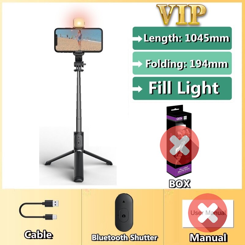 FANGTUOSI Wireless selfie stick tripod Bluetooth Foldable Monopod With Led light remote shutter For iphone: Black With Light