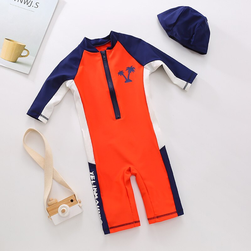 Enfant Bébé Garçon 2 Pièces Maillot De Bain D'été Maillot De Bain Imprimé Cocotier Barboteuse Fermeture Éclair Manches Longues Combinaison Bouchon Nager Plage Maillot de bain