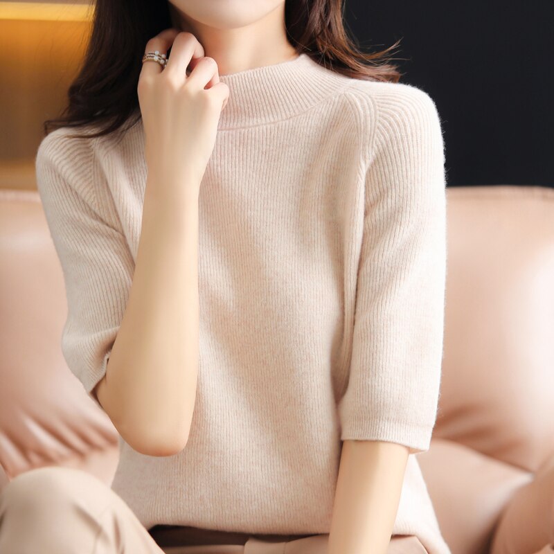 Camisa de malha de manga de cinco pontos de cashmere feminina primavera outono novo 100% lã pura meia manga camisola feminina