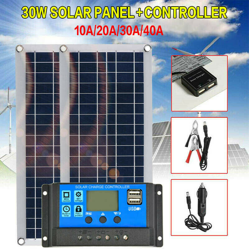 Flexible 12V 30W Dual USB Solar Panel+ 40A Solar Charger Controller For Battery Cell Phone Charger with Battery Clip