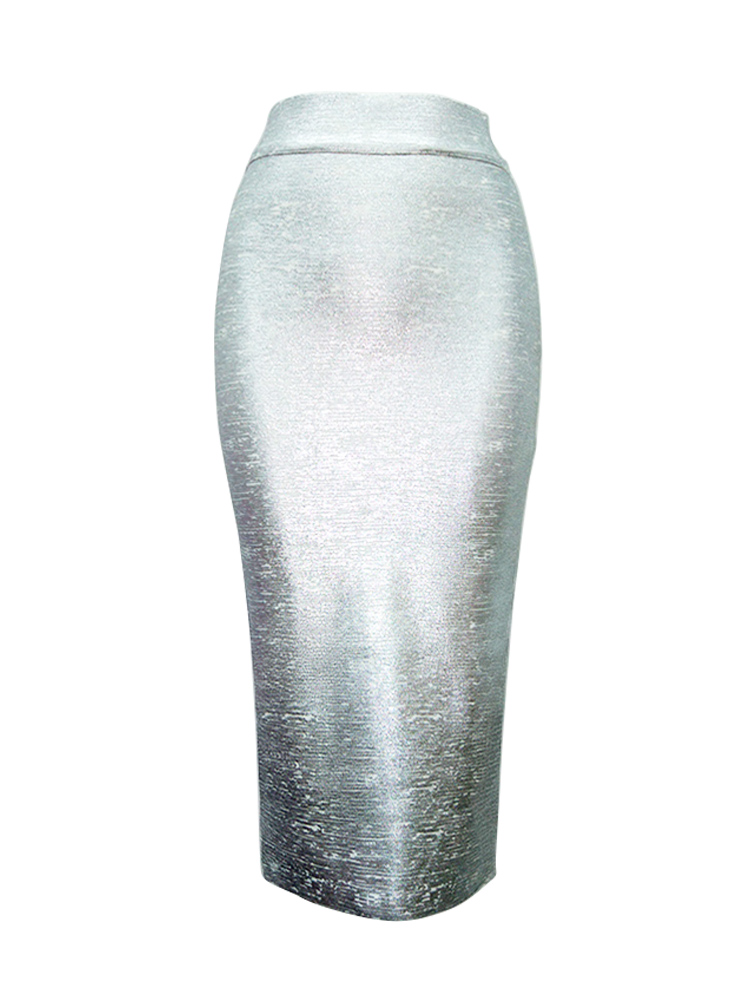 Sexede guld-sølv bandage-nederdele til kvinder, high street-kjoler med kendisser, strikkede bodycon-midi-blyantnederdele 78cm: S / Sølv