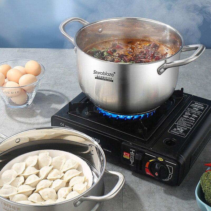 Fypo Stainless Steel Steamer Gas Induction Cooker Soup Steamboat Pot 1/2 Tier Steamer with Glass Lid Kitchen Cookware Steamer