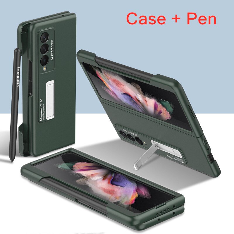 Magnetische Kickstand Pen Houder Slot Case Voor Samsung Galaxy Z Vouw 3 Case Met Mobiele Telefoon Stylus Pen Matte Hard pc Cover: Dark Green  With Pen