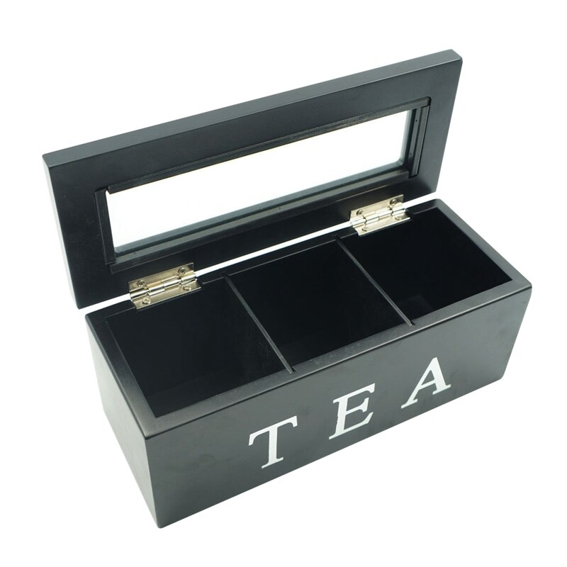Wooden Storage Box 3 Grid Wooden Tea Box Kitchen Storage Box With Lid Coffee Tea Bag Storage Rack Bamboo Chest Case: Black