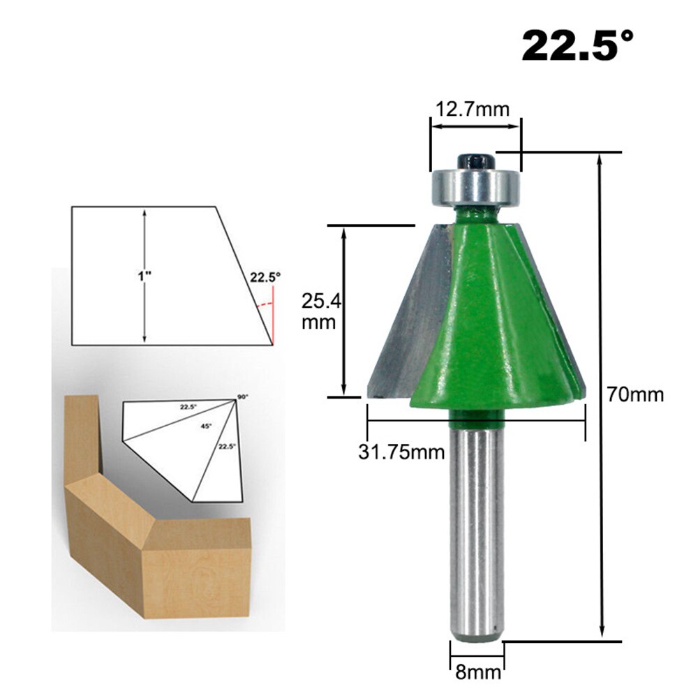 1Pc 8Mm Shank Afschuining Router Bit 11.25 15 22.5 30 45 Graden Schuine Rand Frees Voor Hout woodorking Tool: 22.5 degree