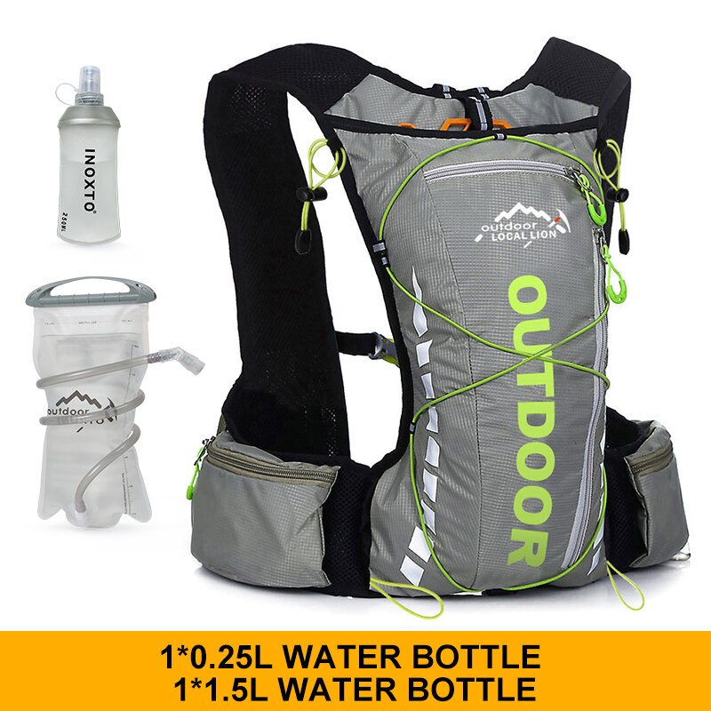 Cycling backpack for men and women, nylon bag, waterproof 8 liters, hiking and camping, 250ml water bottle with 1.5L water bag: gray 1.5L250