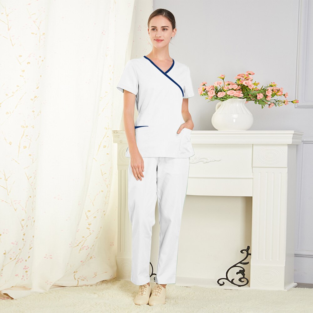 Travailleur des services de santé travail Scrubs uniforme femmes beauté et santé gommages ensemble à manches courtes Spa uniforme laboratoire manteaux vêtements de travail vêtements: White / XL