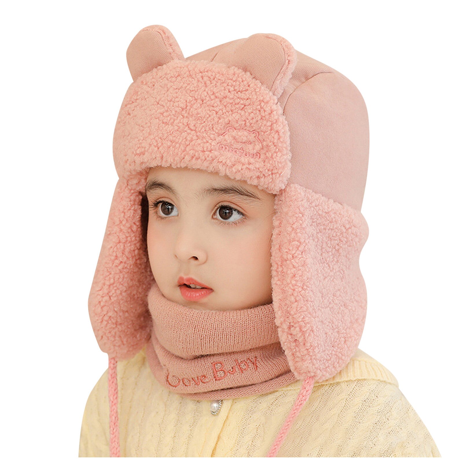Winter Warm Children Kids Windproof plus velvet Fleece Earflaps Protection Solid Hat+Scarf Sets Cartoons Bear Hat: Pink