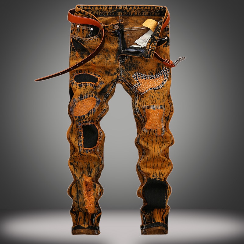 Heren jeans met gatenpatch, bedrukte gescheurde denim broek voor heren, herfst heren hiphop patchwork jeans broeken
