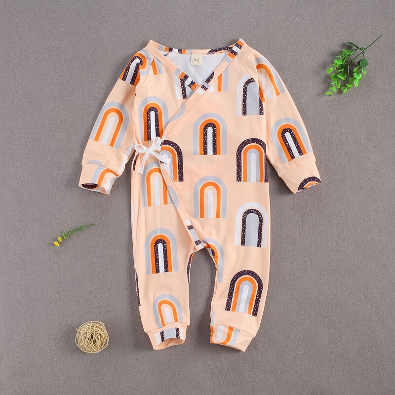 Lioraitiin 0-24m bebê recém-nascido menina moda macacão manga longa arco-íris impresso v-neck macacão outfti 2 estilos